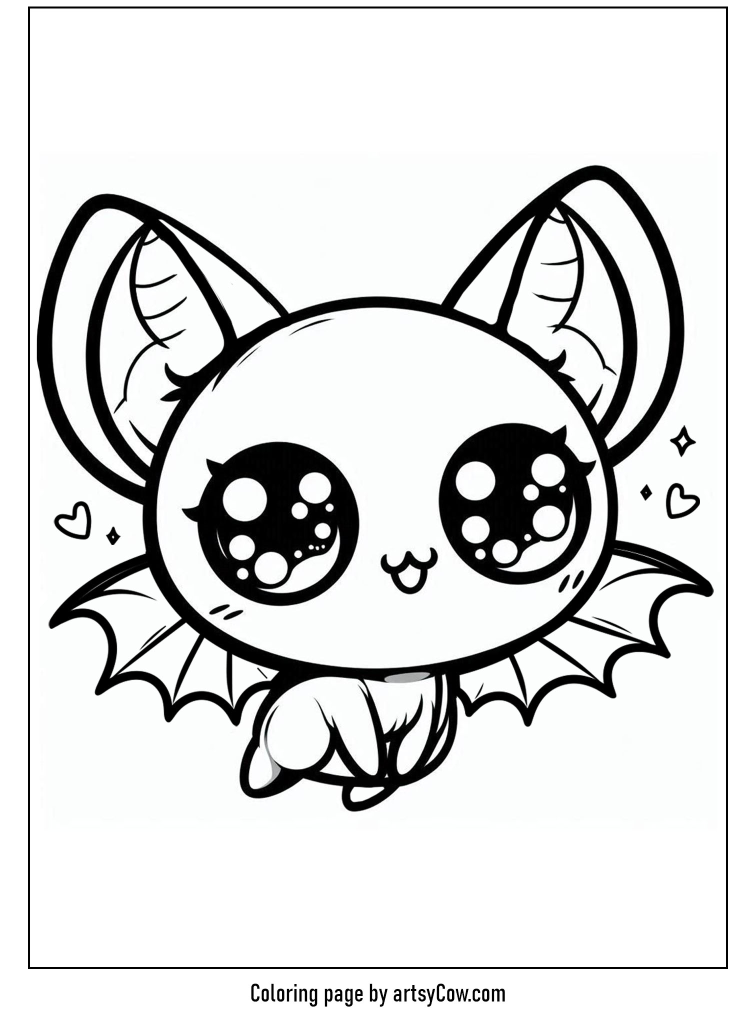 halloween coloring pages with bats. This image features an adorable cartoon bat with large, sparkly eyes and cute little hearts around it. It's perfect for kids to color for Halloween.